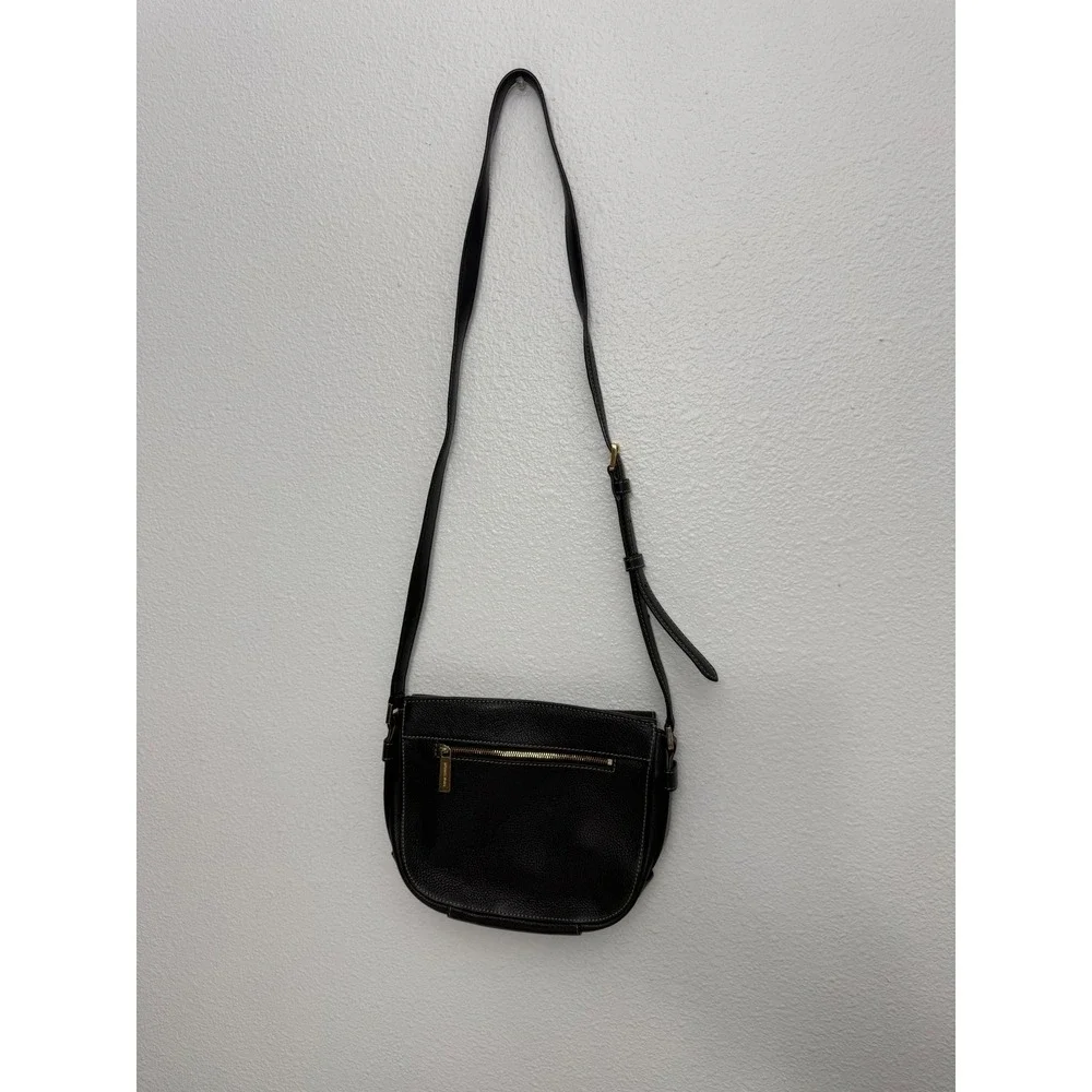 Michael Kors Black Pebbled Leather Crossbody Bag Gold Hardware White Stitching